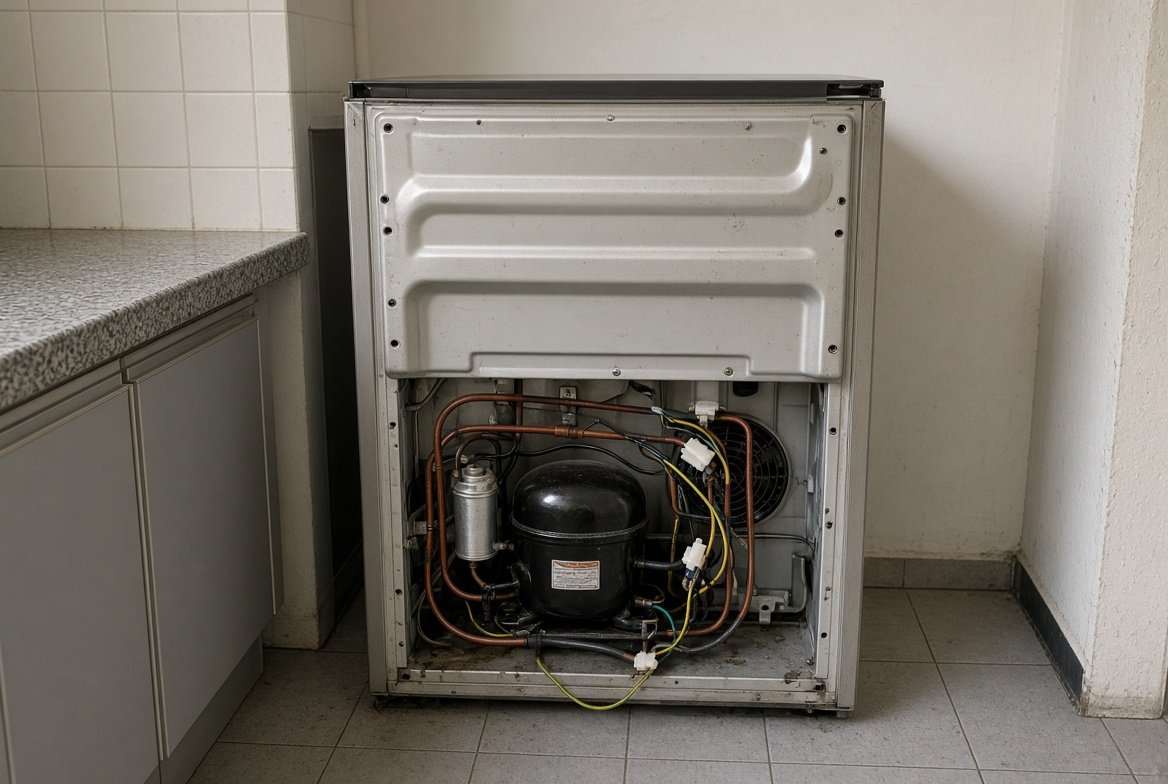 Job 01 — Refrigerator pulled out, rear panel open