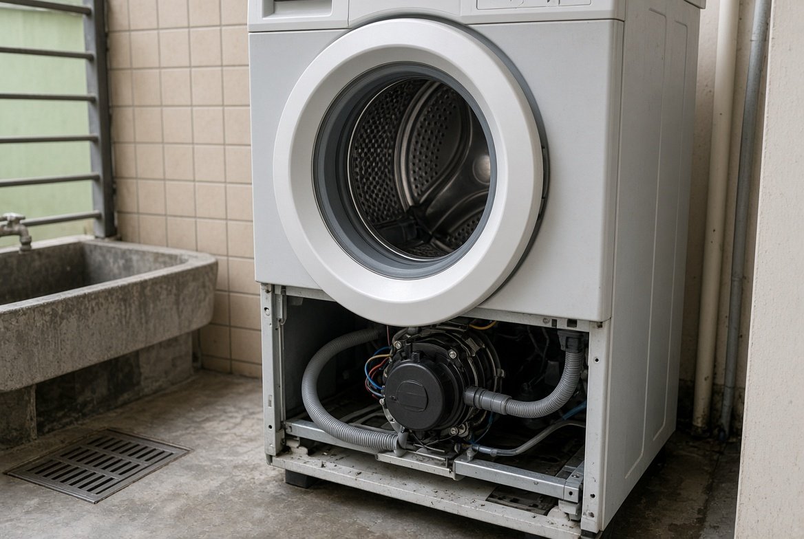 Job 02 — Washer front panel off, pump exposed